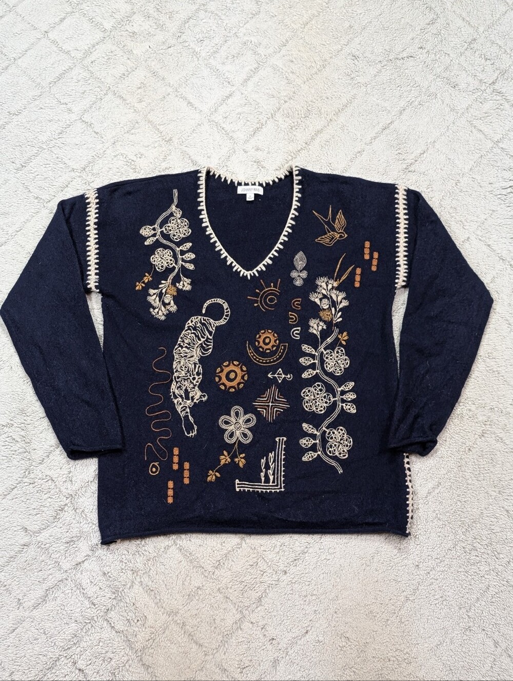 Johnny Was Sweater Womens M Blue Wool Cashmere Oriental Floral Embroidery